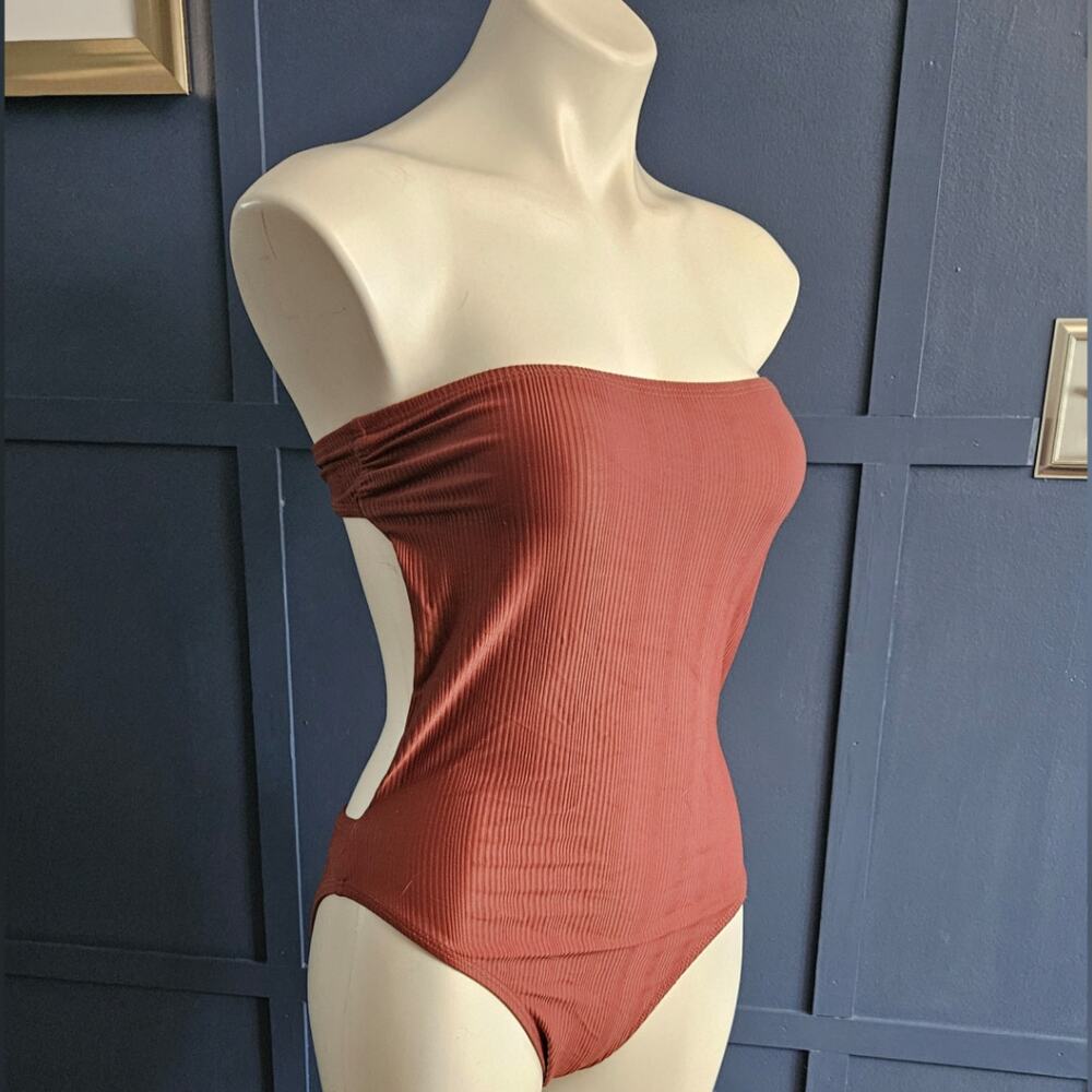 Ris-K Swim Strapless Brown Ribbed Swimsuit sz M